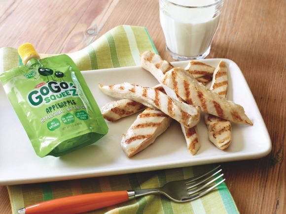Grilled Chicken Grillers with GoGo squeeZ Applesauce on the side is perfect for your really hungry child! Add a glass of milk for a complete meal.