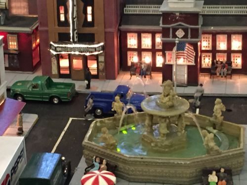 Close up of the town scene at the Barron Arts Center Holiday Train Show