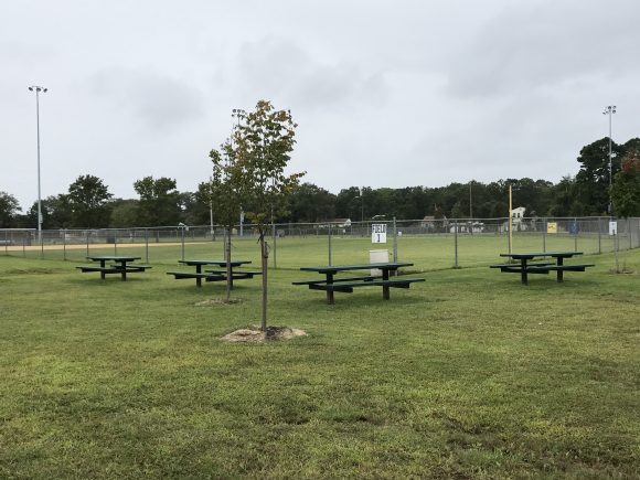 Picnic tables at Childs-Kirk Memorial Park in Egg Harbor Township, New Jersey