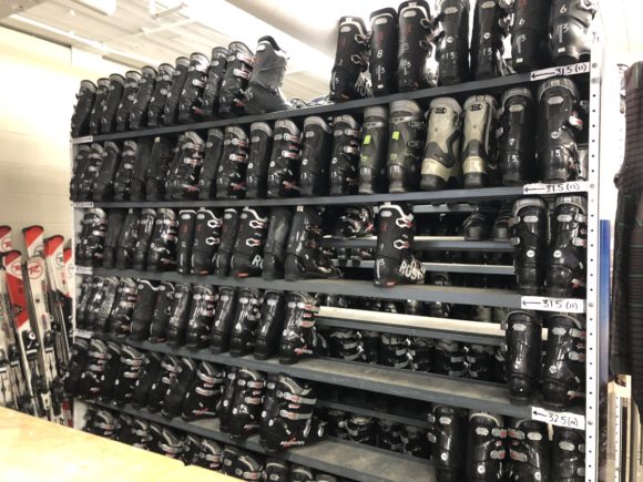 Ski boots on a rack at Gore Mountain New York ski area.