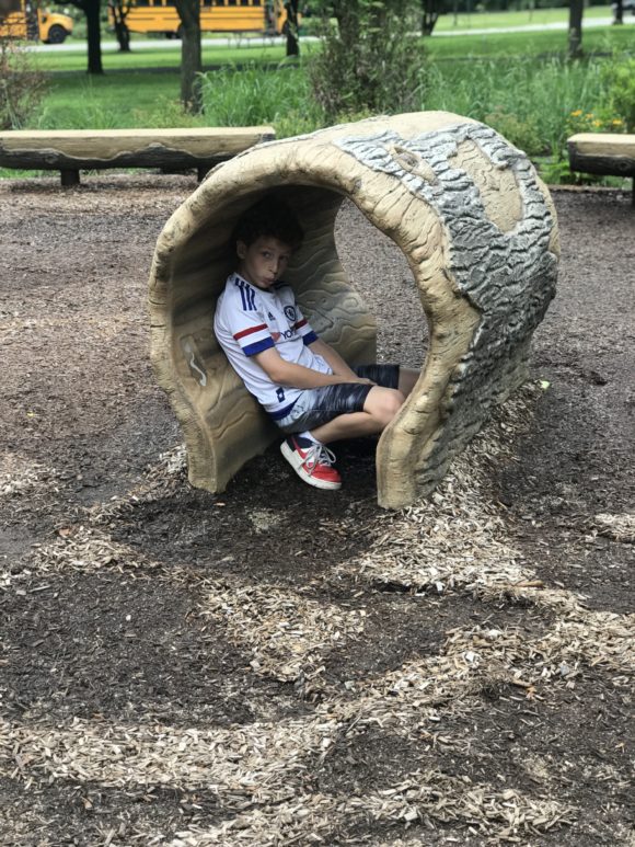 boy sits inside log