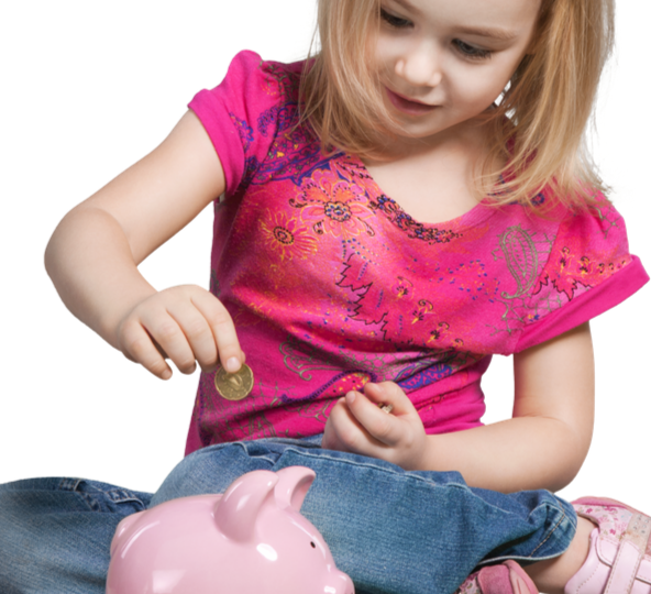 young child saving money in a piggy bank