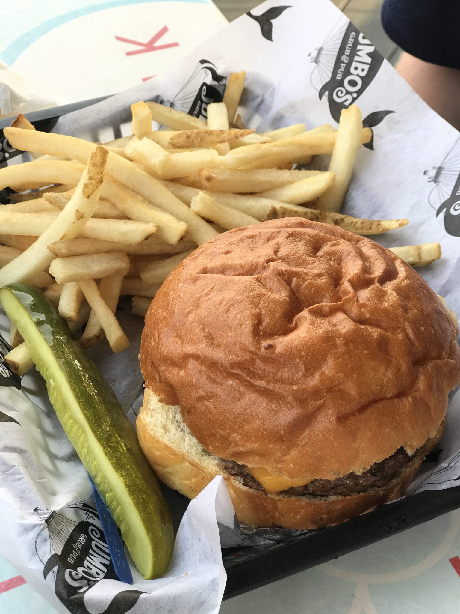 gluten free cheeseburger with fries at Jumbo's Grub and Pub on Morey's Piers in Wildwood