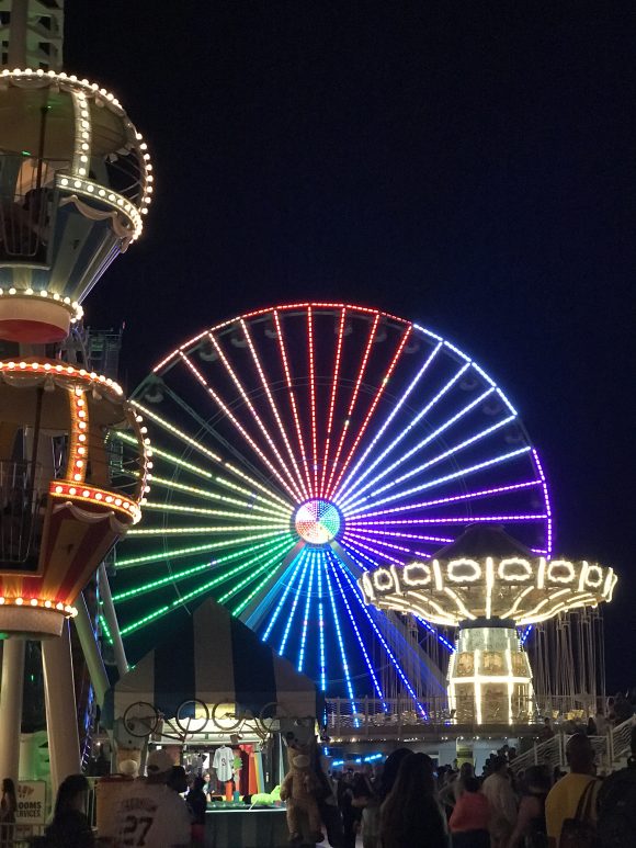 Another beautiful view of the Morey's Piers ferris wheel lit up at night. You can view it from any of the Morey's Piers piers.