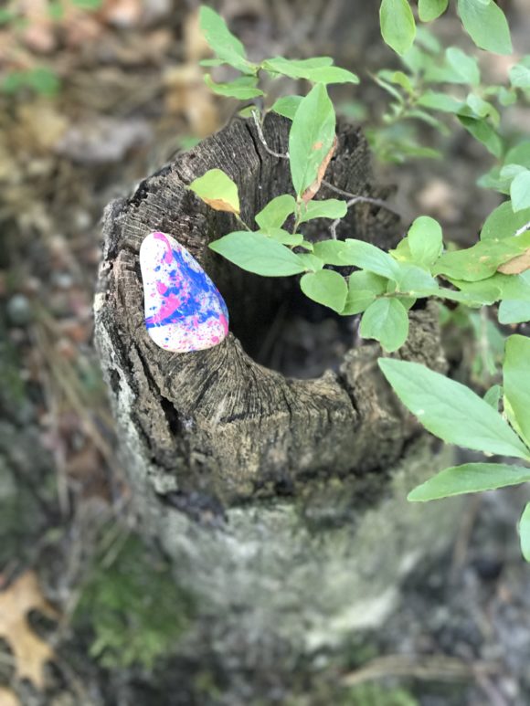 a kindness rock splattered with different colors of paint and sitting on a tree stump.