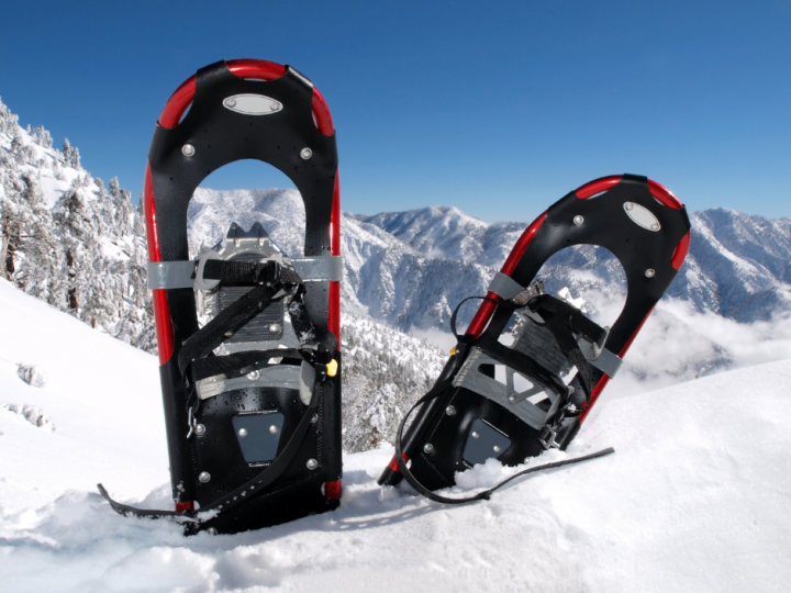 snowshoes in red stuck in snow with mountains