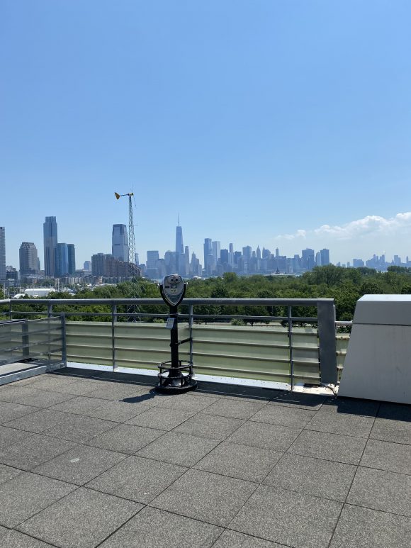 The outside space of the Hudson Home exhibit can provide a quiet space for toddlers and preschoolers at Liberty Science Center