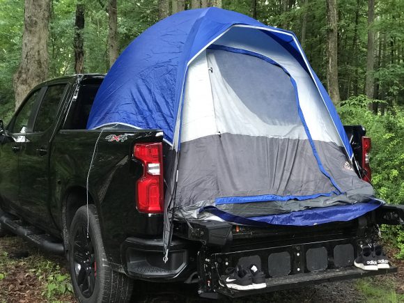 Our camping at Stokes State Forest involved pitching our tent on the back of a 2021 Chevy Silverado.