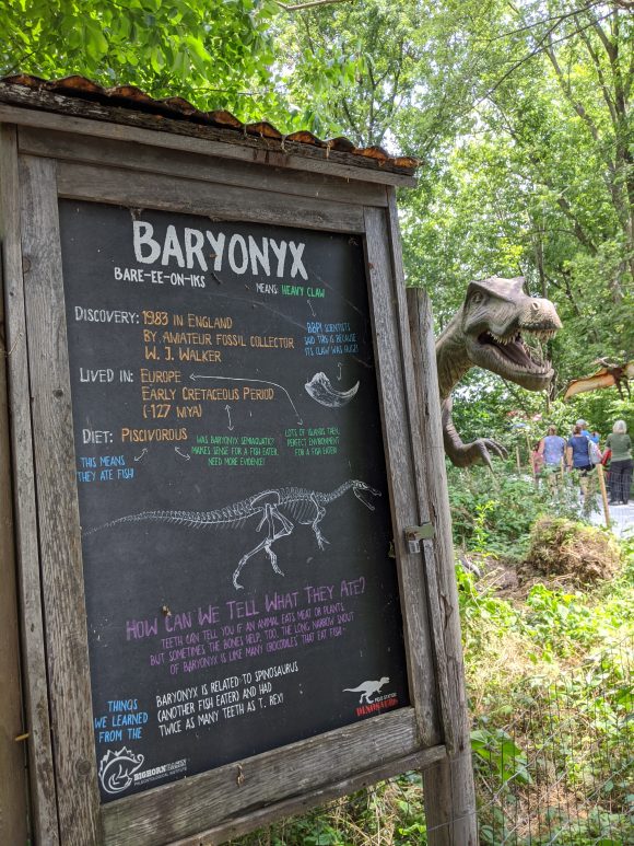 Picture of Baryonyx and Baryonyx educational sign at Field Station Dinosaurs