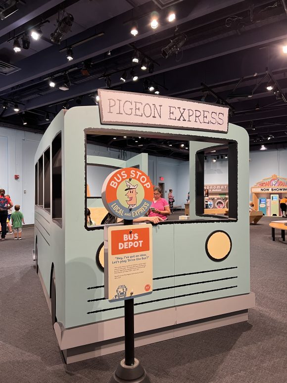 Pigeon Mo Willems at Liberty Science Center front of the bus