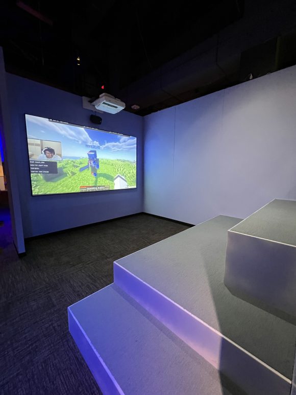 Minecraft videos play in theatre in Liberty Science Center exhibit
