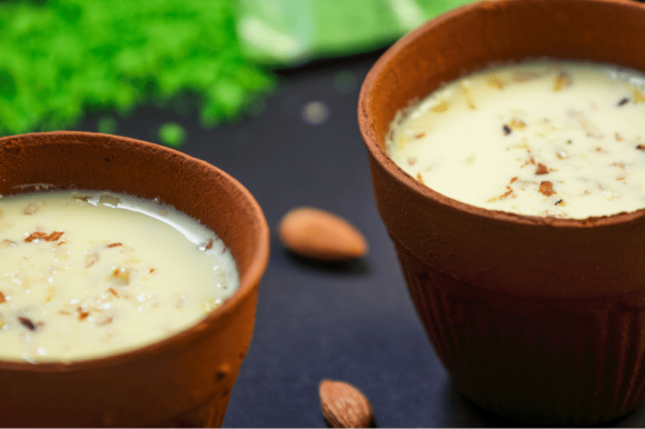 Indian drink- Thandai served cold with almonds, saffron, milk during Holi festival