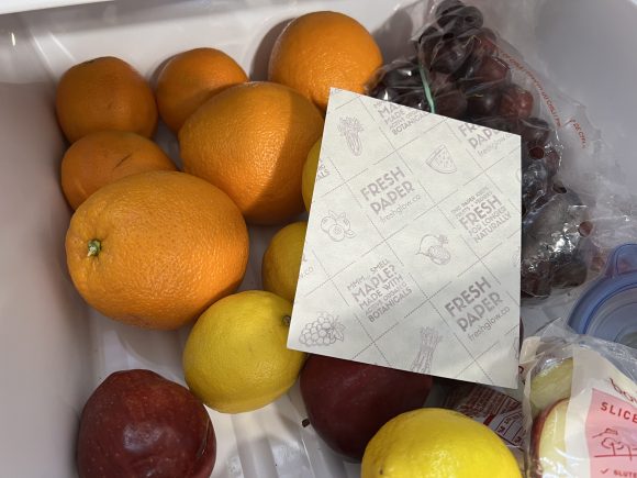 Fresh Paper Food Saver Sheets in the fridge with fruit