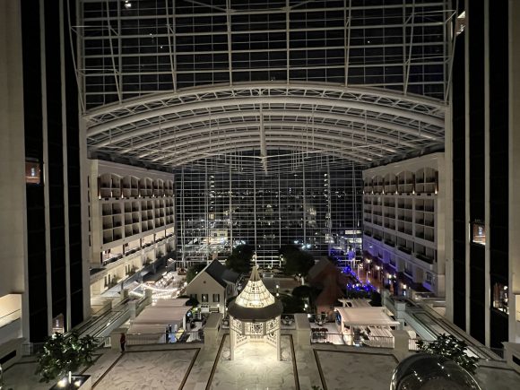 Nightime views of Atrium from Double Queen Guest Room with Atrium View at Gaylord National Resort in National Harbor 