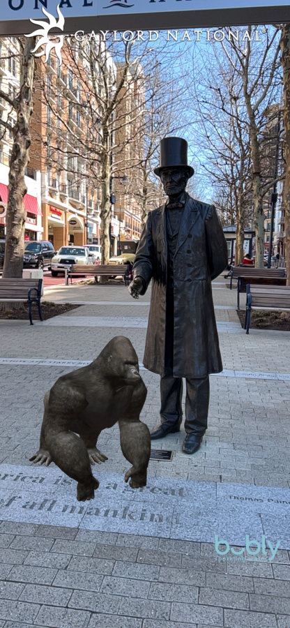 Wildlife Rescue gorilla with Abraham Lincoln in National Harbor