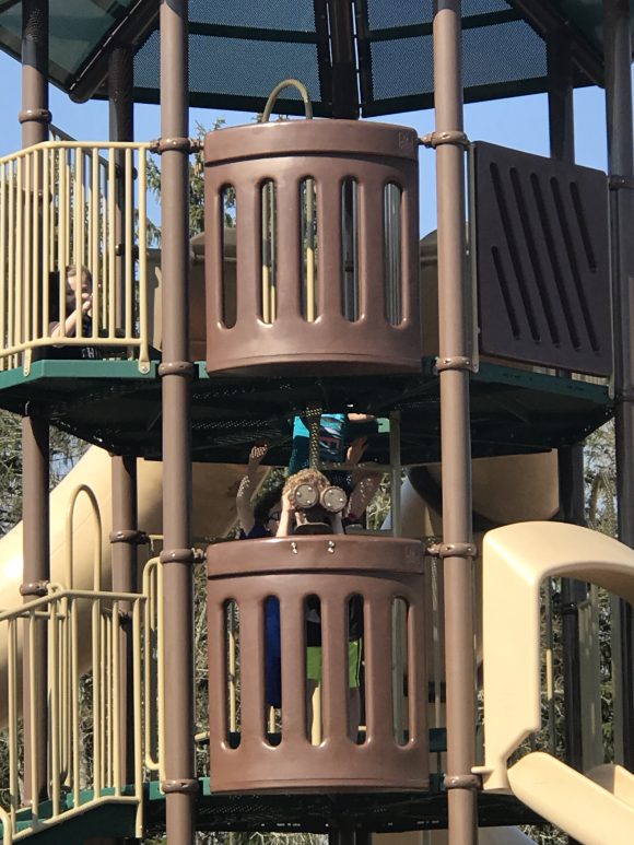 The playground at Bass River Township Park has a 3 story tower as part of its playground equipment.