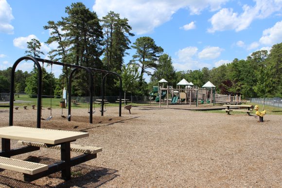 The playground equipment has wood mulch as a ground surface at Tony Canale Park in Egg Harbor Township New Jersey
