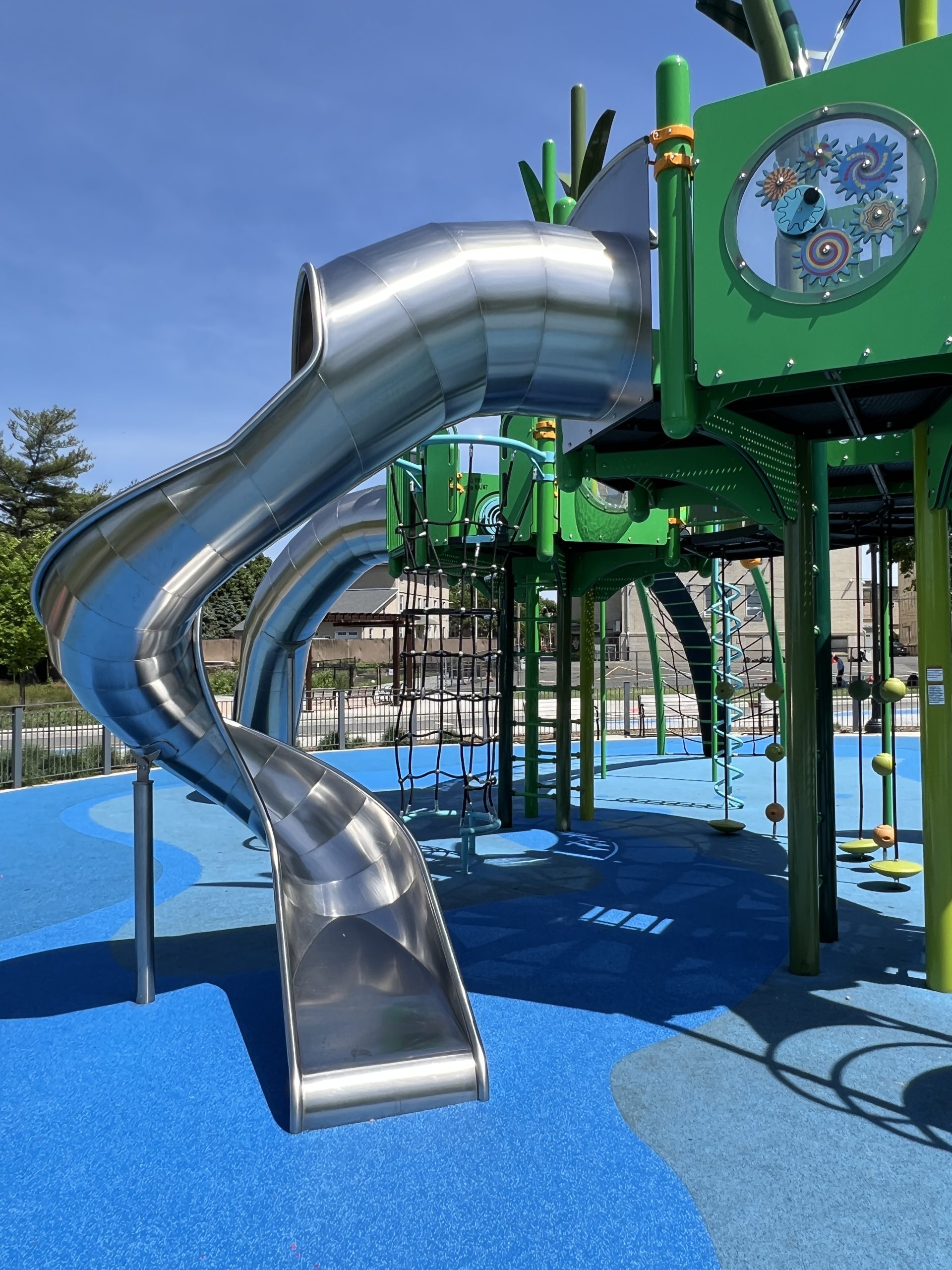 Dundee Island Park Playground in Passaic NJ slides metal twisting slide