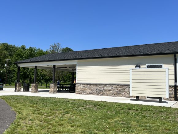 Pavilion and restroom building at Jake's Place and Adler Memorial Park at Challenge Grove Park in Cherry Hill.