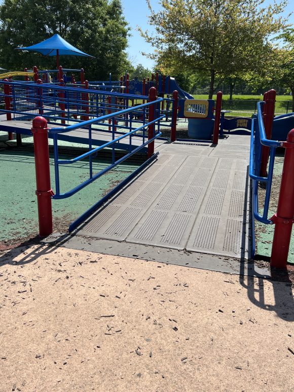 Wide ramp up to playground equipment at Jake's Place Cherry Hill