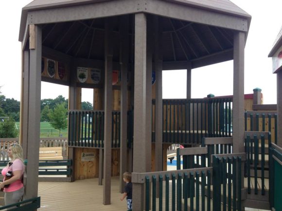 The 2 story castle tower feature at Turkey Brook Park provides lots of shade for kids at play.