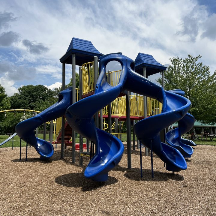 Vertical picture of all twisting slides at Walter's Park Playground in Phillipsburg NJ 00016