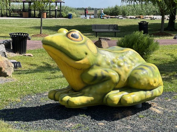 bottom of the hill playground at Mill Creek Point Park Playgrounds in Secaucus NJ frog sculpture