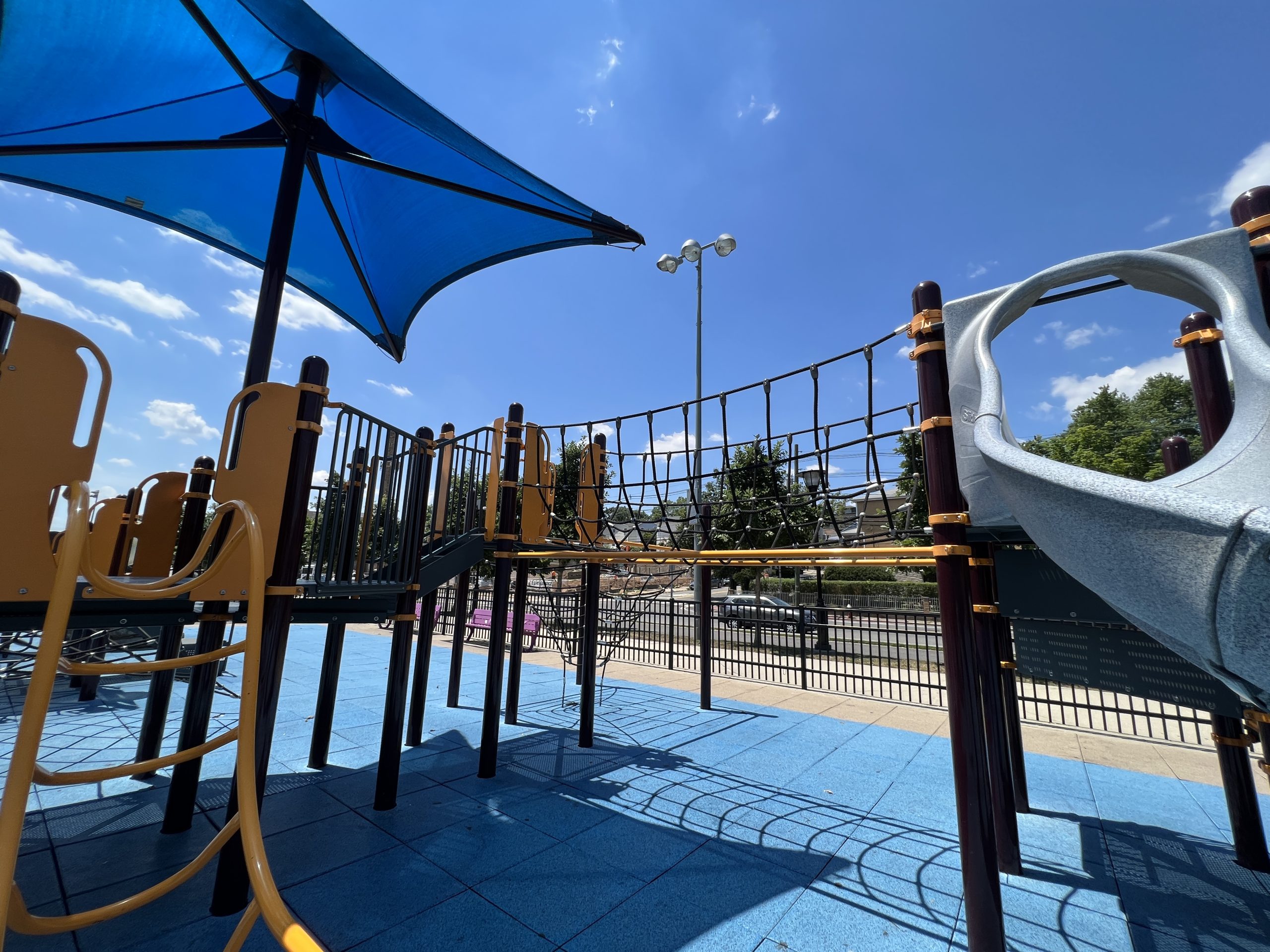 Berry Lane Park Playground in Jersey City NJ rope bridge with canopy wide shot 1