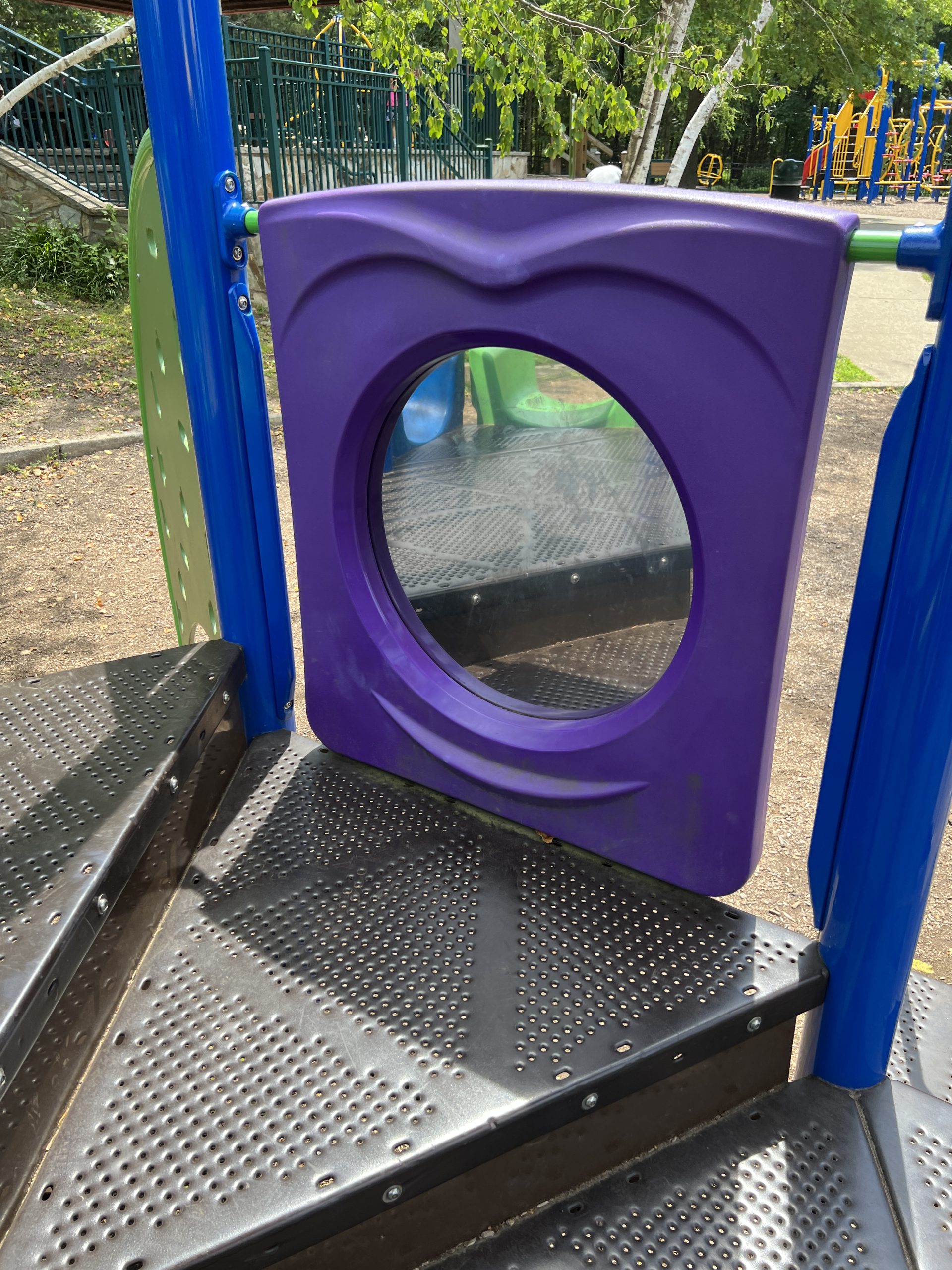 Blue and Green accessible playground - SENSORY PLAY mirror - at Montville Community Playground in Montville NJ