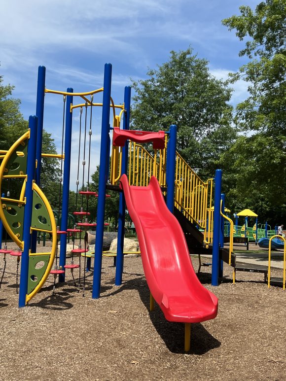 Blue and Yellow climbing playground SLIDE - red wavy - at Montville Community Playground in Montville NJ