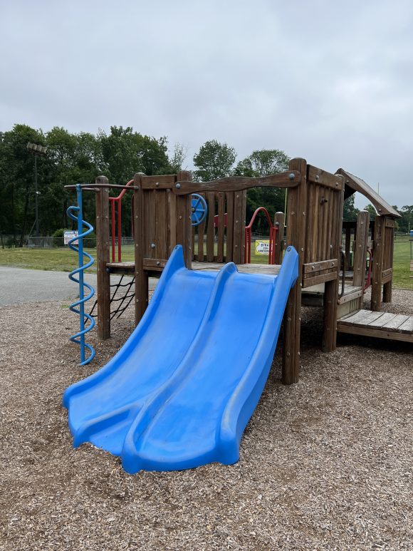 Blue side by side slides for toddlers at C O Johnson Park Playground in Byram Township NJ