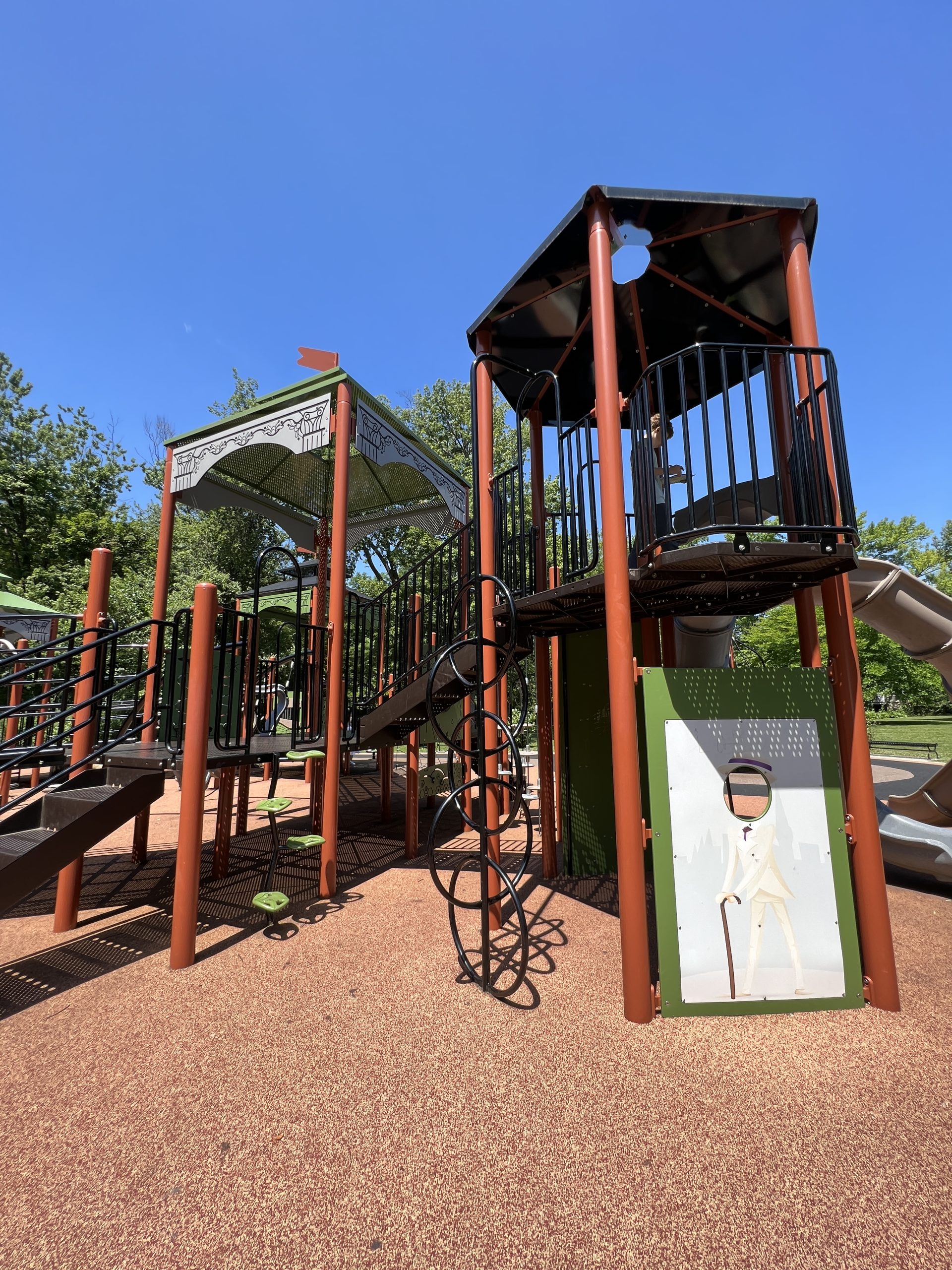Climbing ladder, village, platform at Mindowaskin Park Playground in Westfield NJ