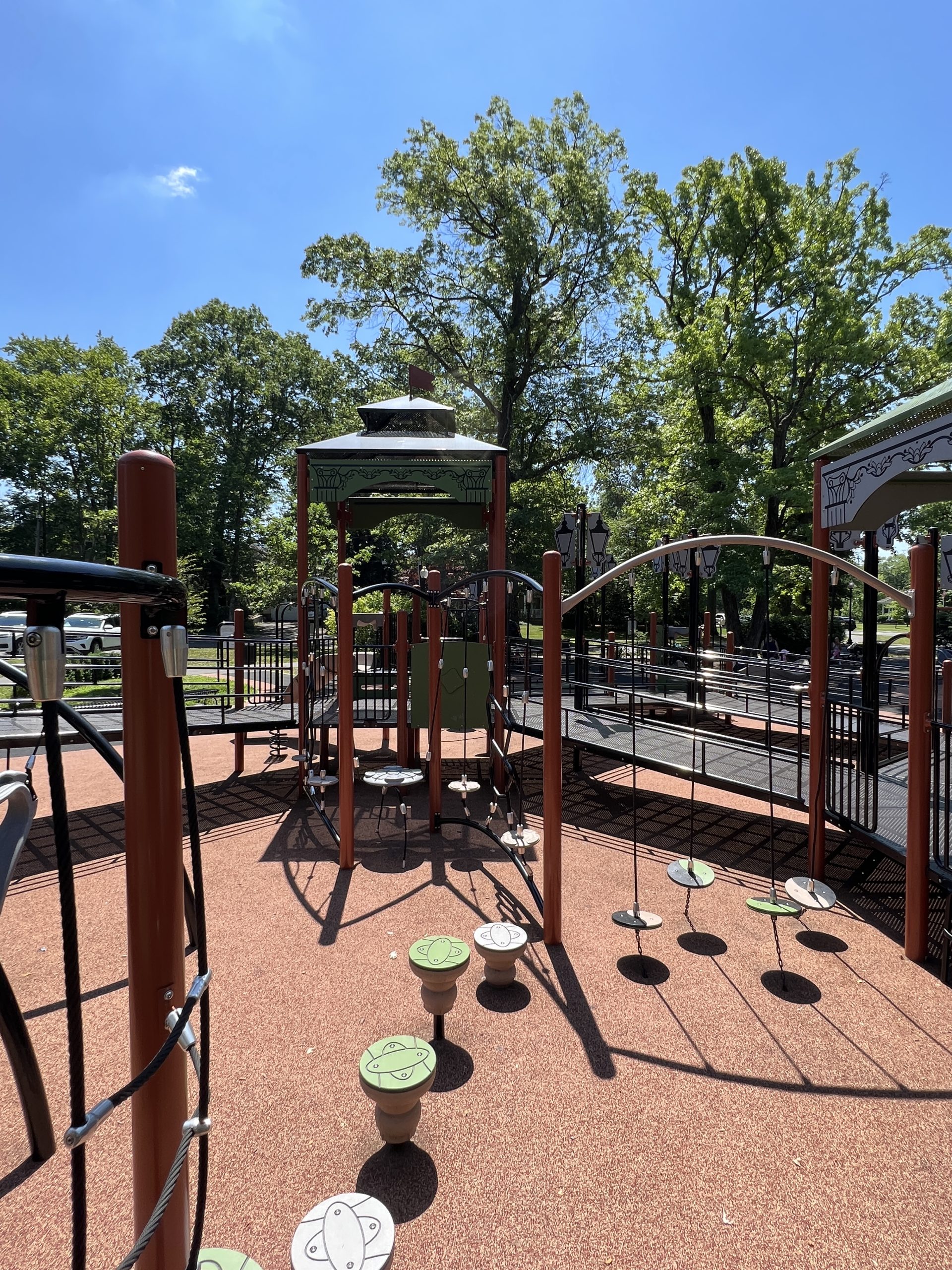Climbing ropes and stepping pods at Mindowaskin Park Playground in Westfield NJ