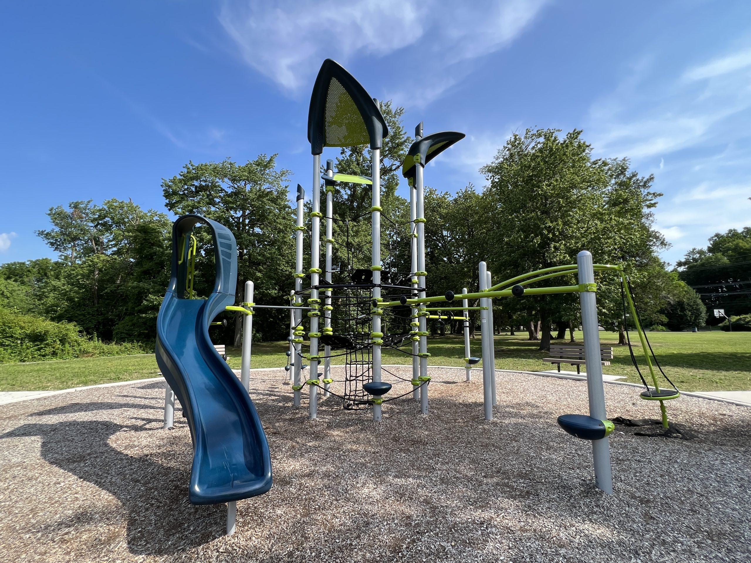 Climbing tower Playground at Berlin Park Playgrounds in Berlin New Jersey horizontal curvy slide view