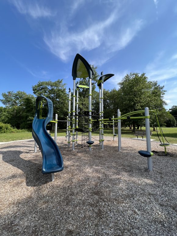Climbing tower Playground at Berlin Park Playgrounds in Berlin New Jersey vertical image curvy slide view 