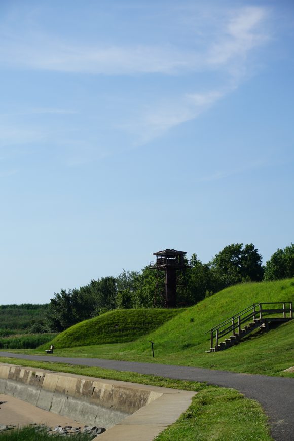 Fort Mott State Park in Pennsville NJ walking path with tower and stairs