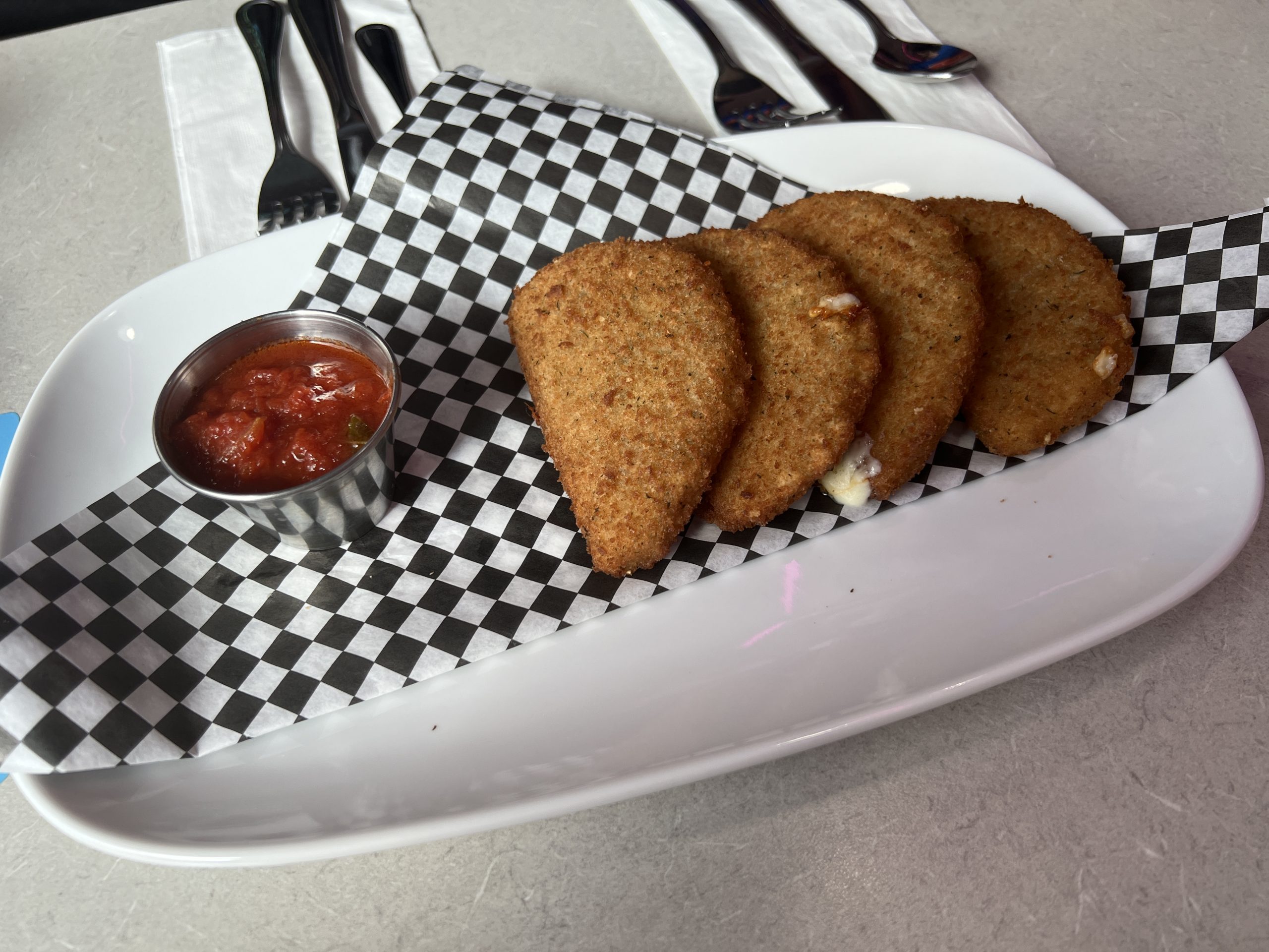 Greek-inspired Mozzarella Mezza Luna at The Pink Cadillac Diner in Wildwood New Jersey WIDE Shot