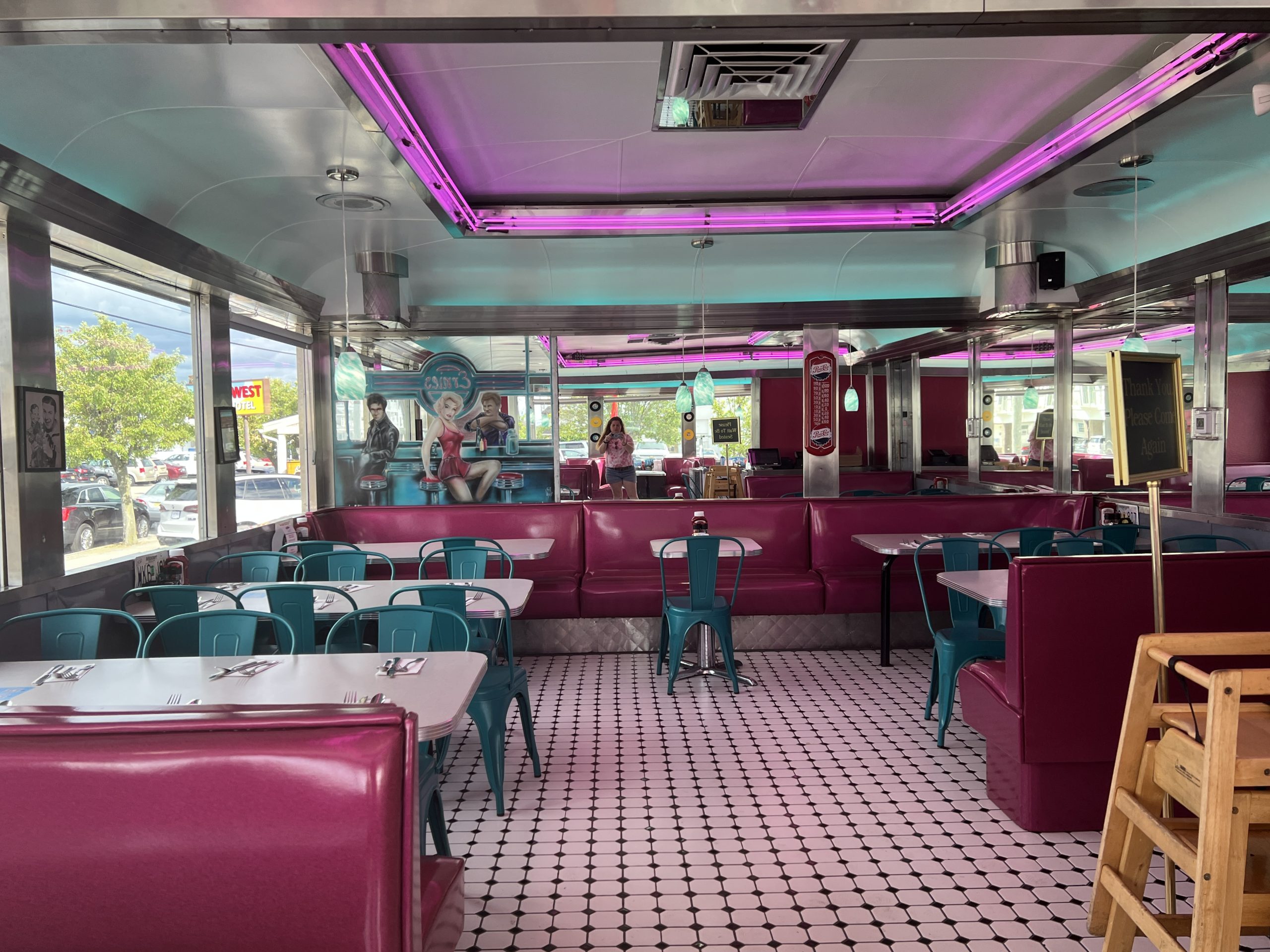 Inside of restaurant The Pink Cadillac Diner in Wildwood New Jersey wide shot