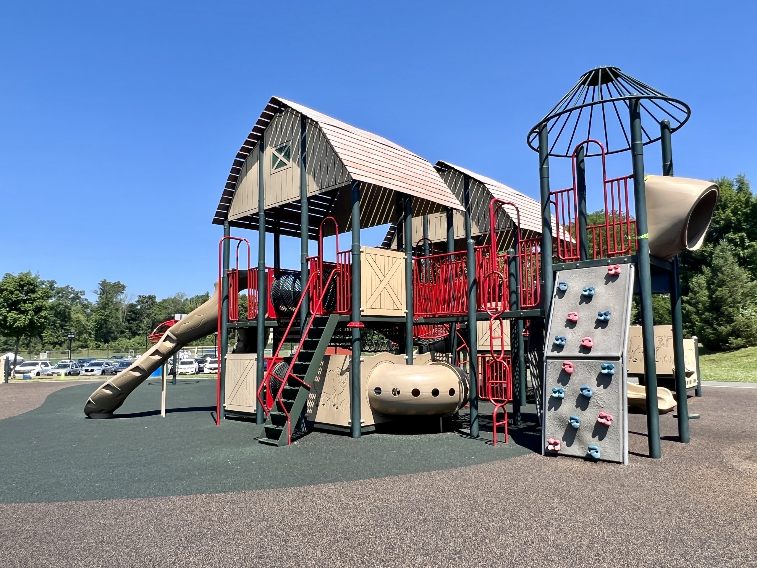 Ponderosa Farm Park Playground Barn in Scotch Plains NJ horizontal image front with tunnel and rock climbing wall 1