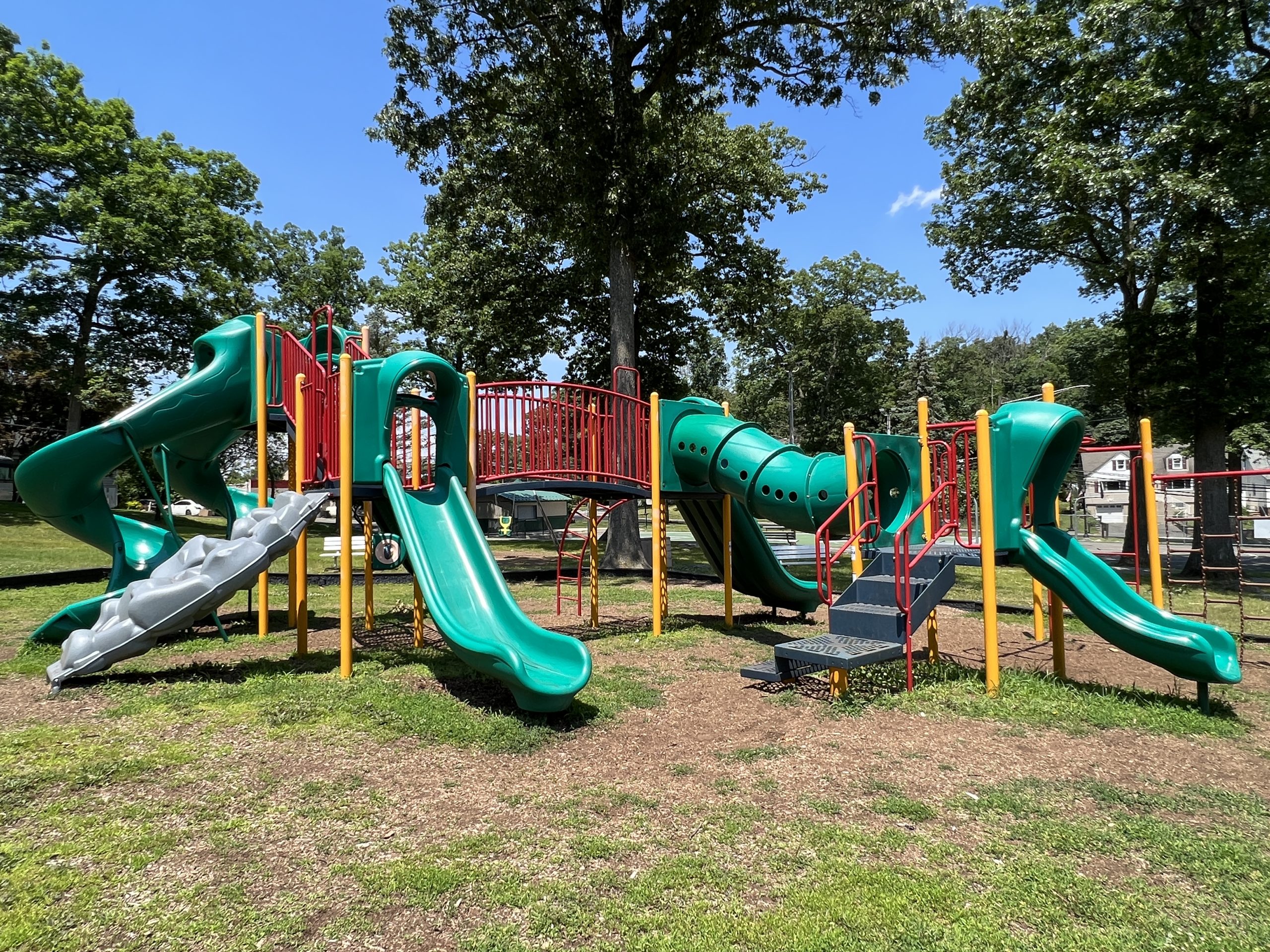 WIDE shot of green structure back view at Modick Park Playground in Hopatcong NJ