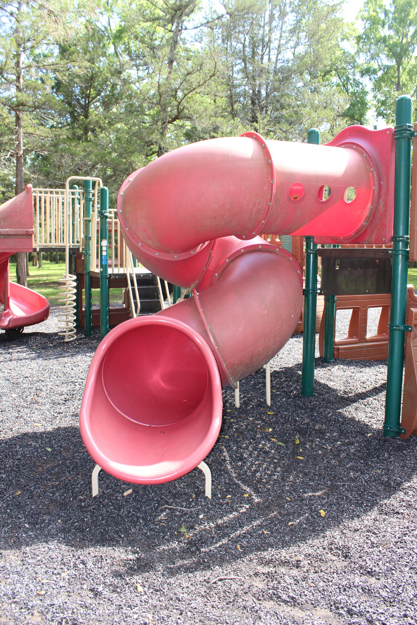 Back Estell Manor Park Playgrounds in Mays Landing NJ - SLIDES - red twisting tunnel slide on pirate ship playground