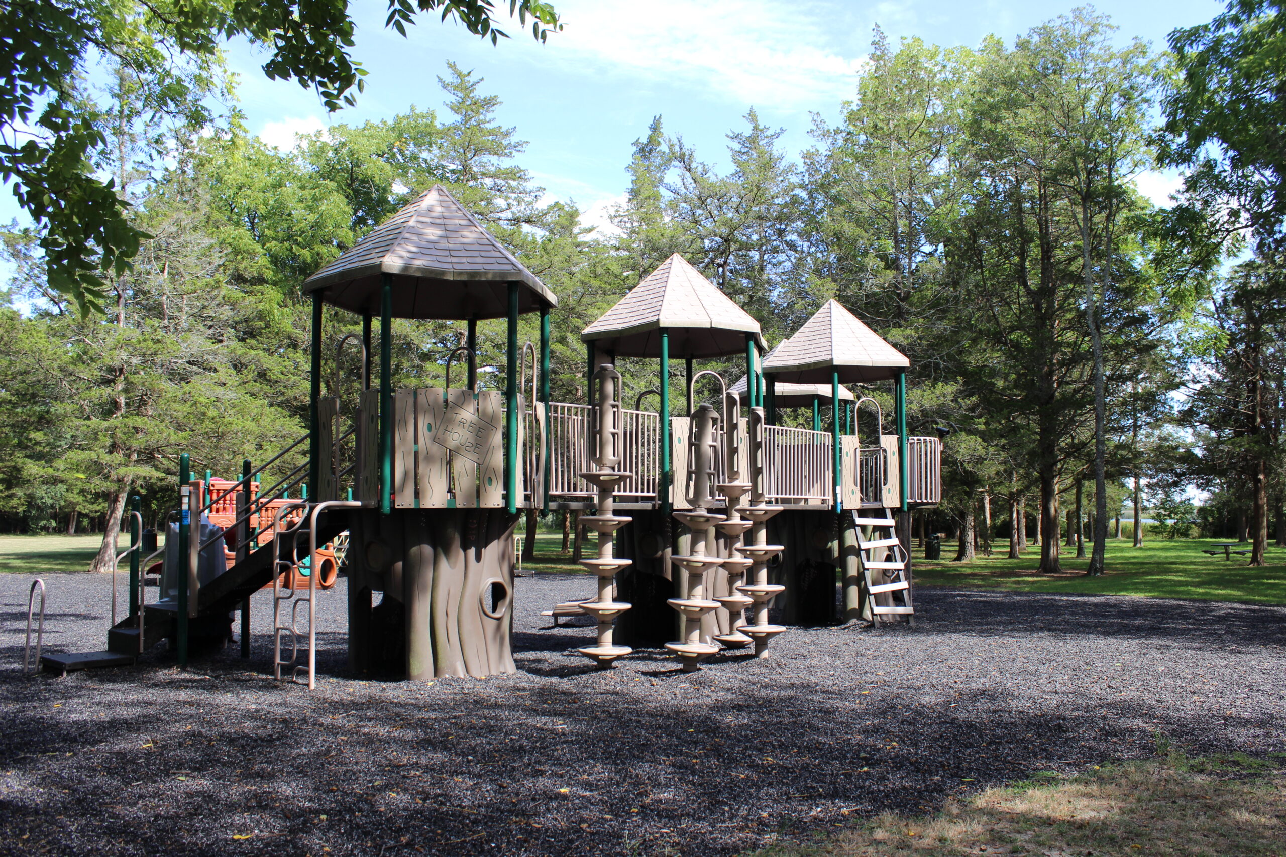 Back Estell Manor Park Playgrounds in Mays Landing NJ - Wide image - treehouse playground climbing ladder side