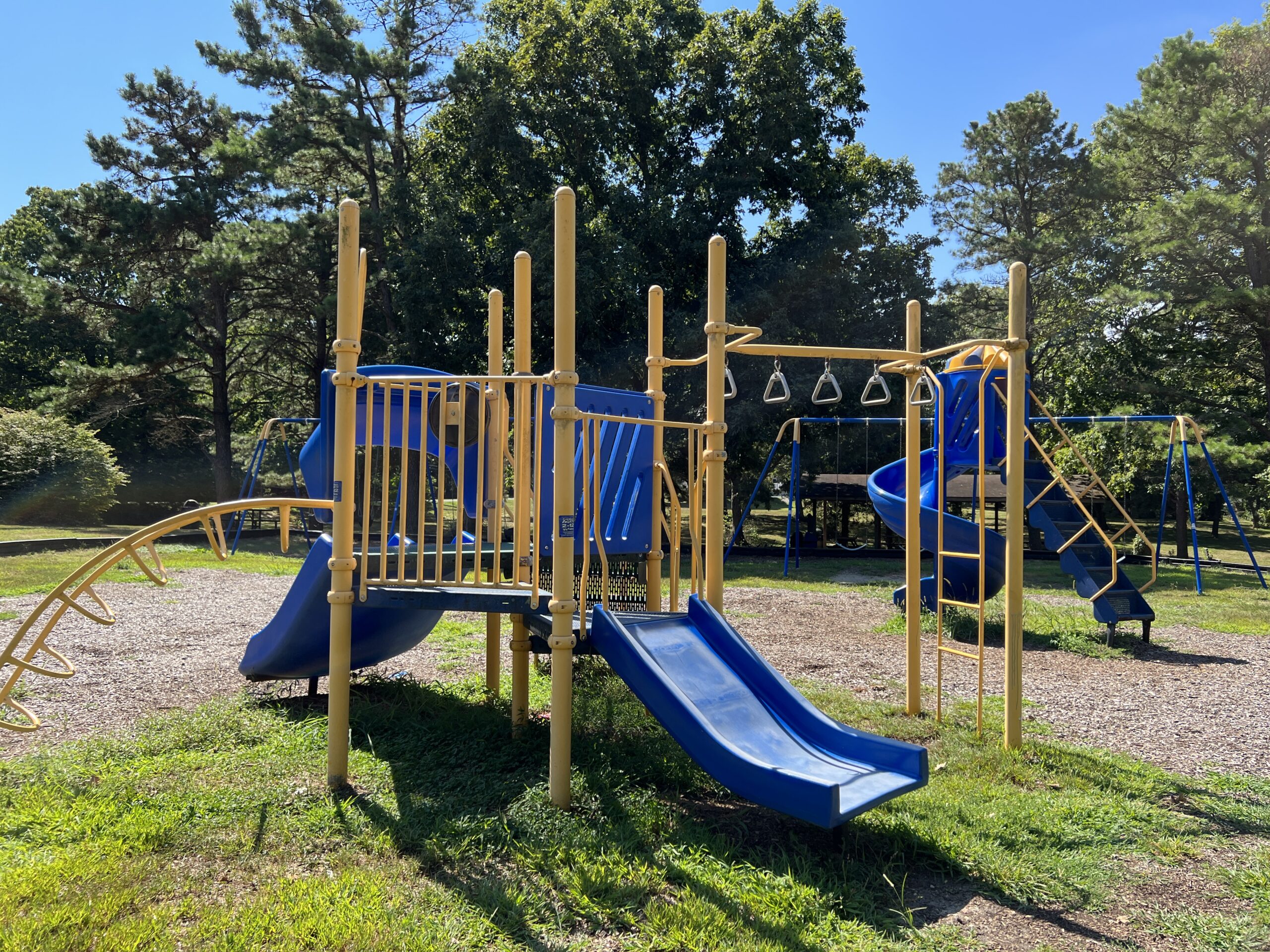Deer Pen Park Playground in Pittsgrove Township NJ - Features - short straight blue slide with monkey bar rings and climbing ladder WIDE image