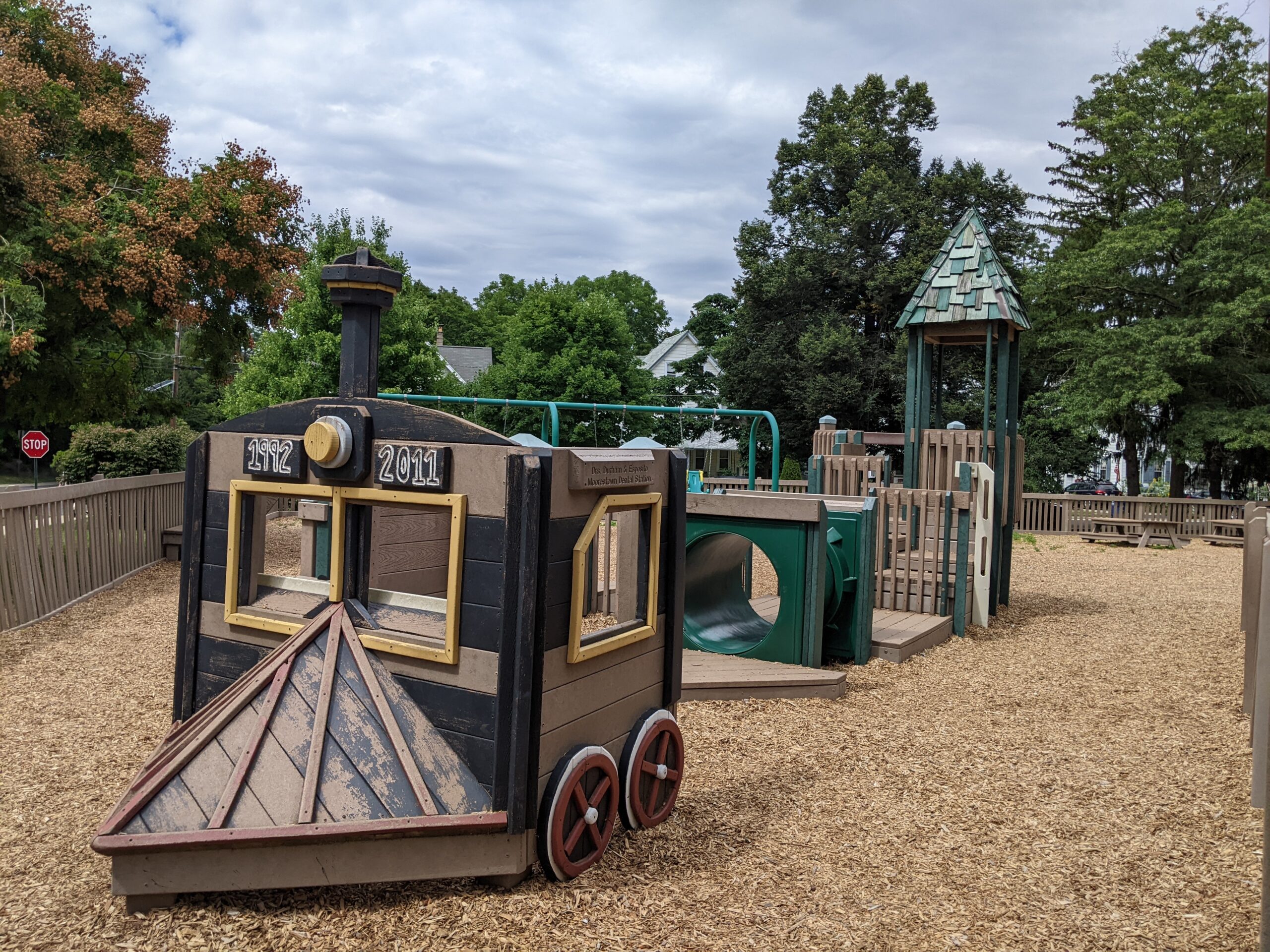 Frank Fullerton Memorial Park Playground in Moorestown NJ - FEATURES - Train at preschool Playground WIDE image
