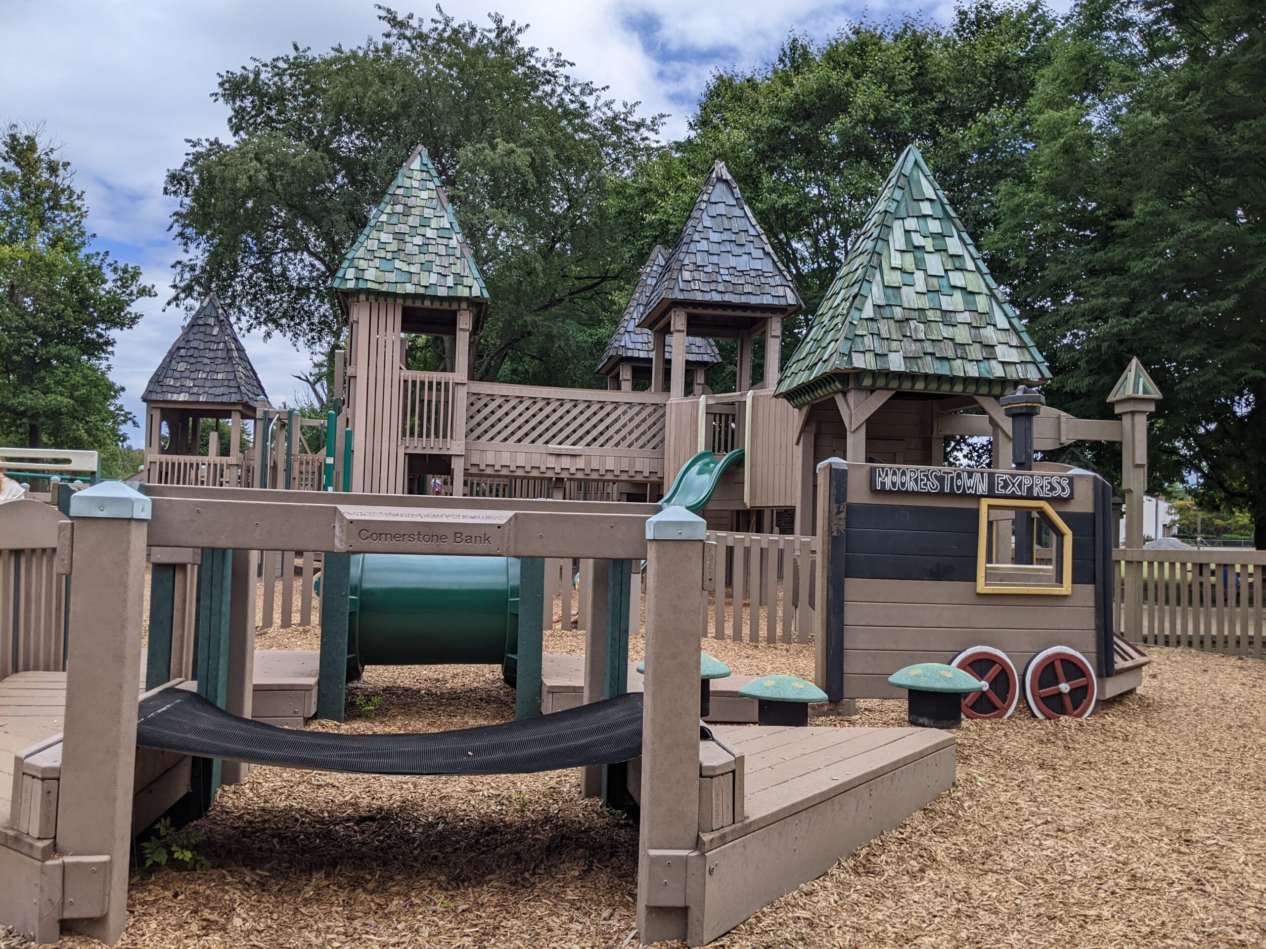 Frank Fullerton Memorial Park Playground in Moorestown NJ - WIDE image - back of preschool playground