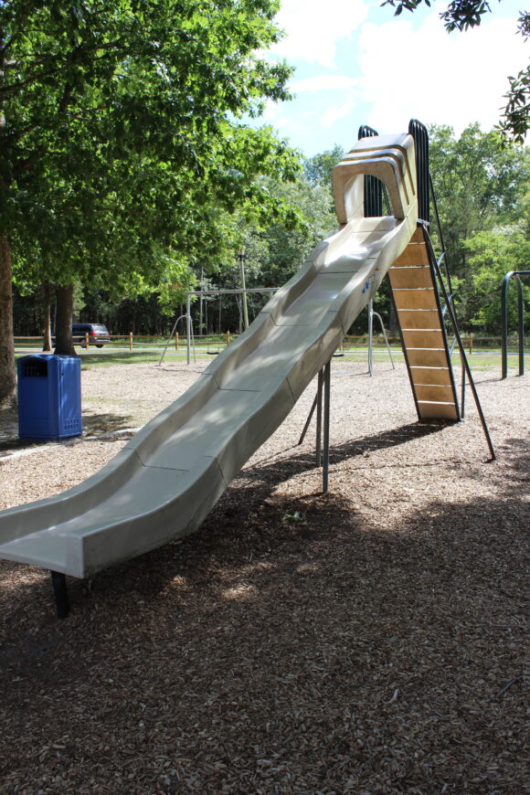 Front Estell Manor Park Playgrounds in Mays Landing NJ - SLIDES - NEW long plastic slide in older section