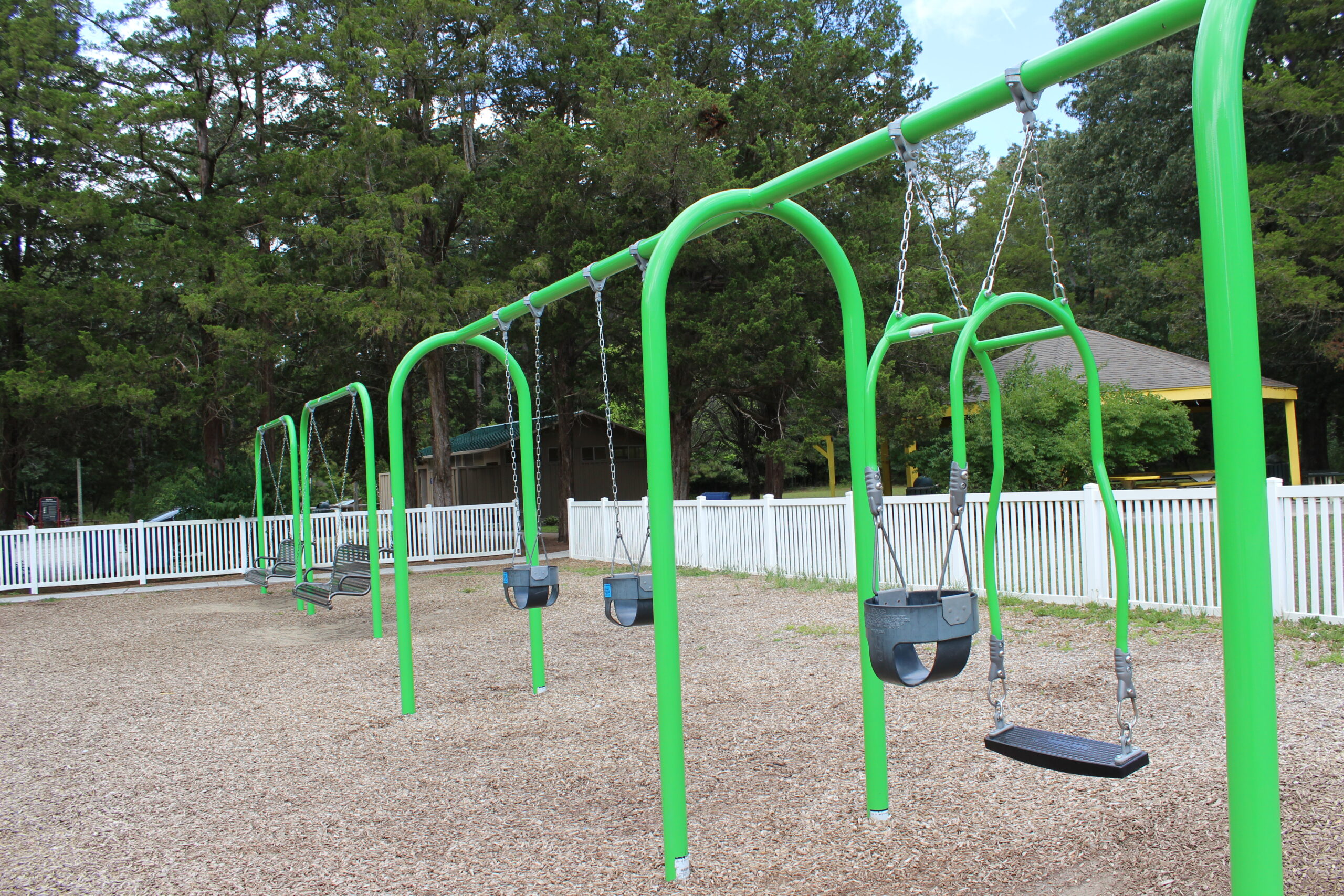 Front Estell Manor Park Playgrounds in Mays Landing NJ - SWINGS - New baby swings, companion swing, and bench swings WIDE image