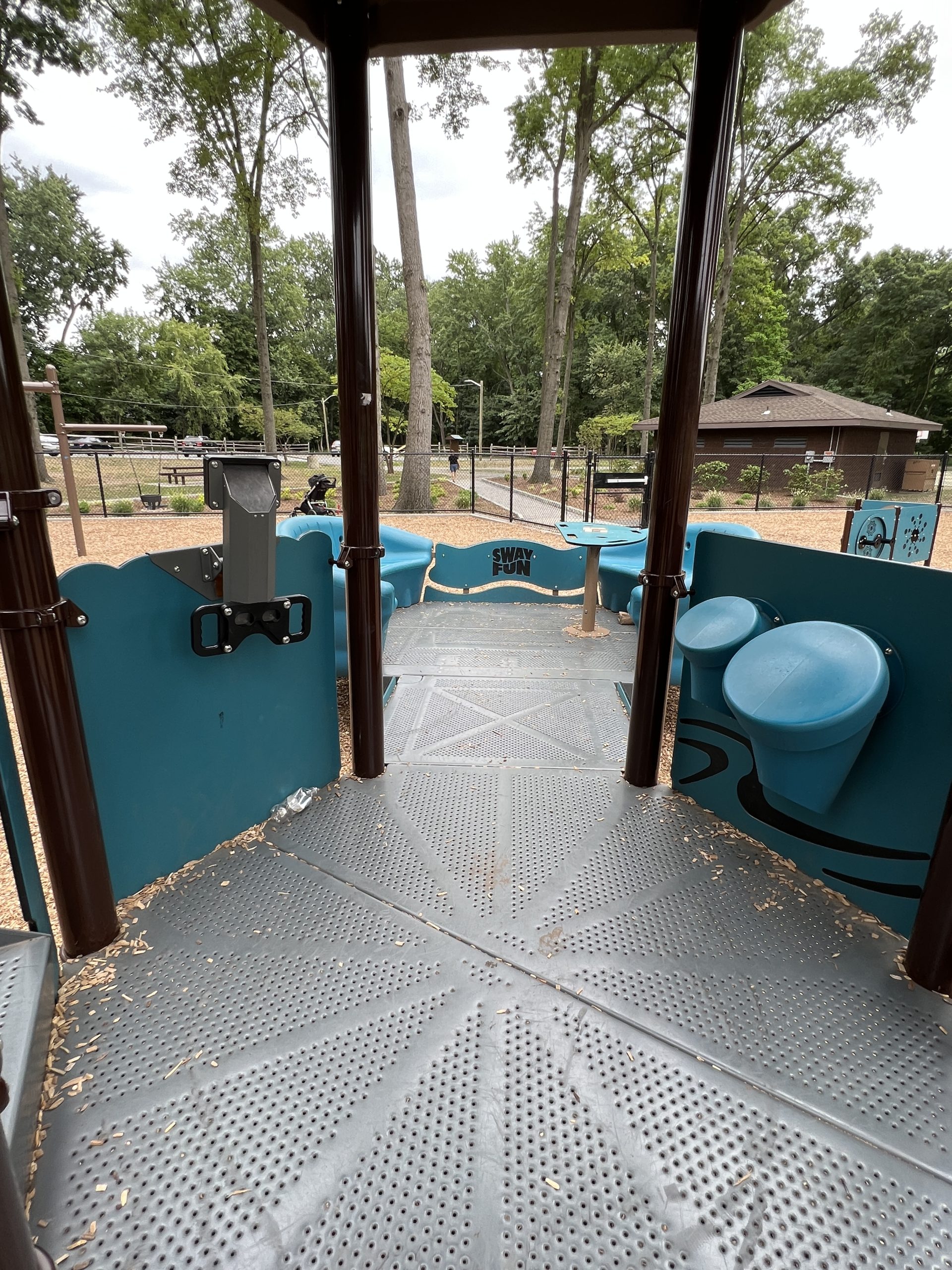 Goffle Brook Park Playground in Hawthorne NJ - Large playground feature - Sensory play periscope and drums wide platform leading to sway fun