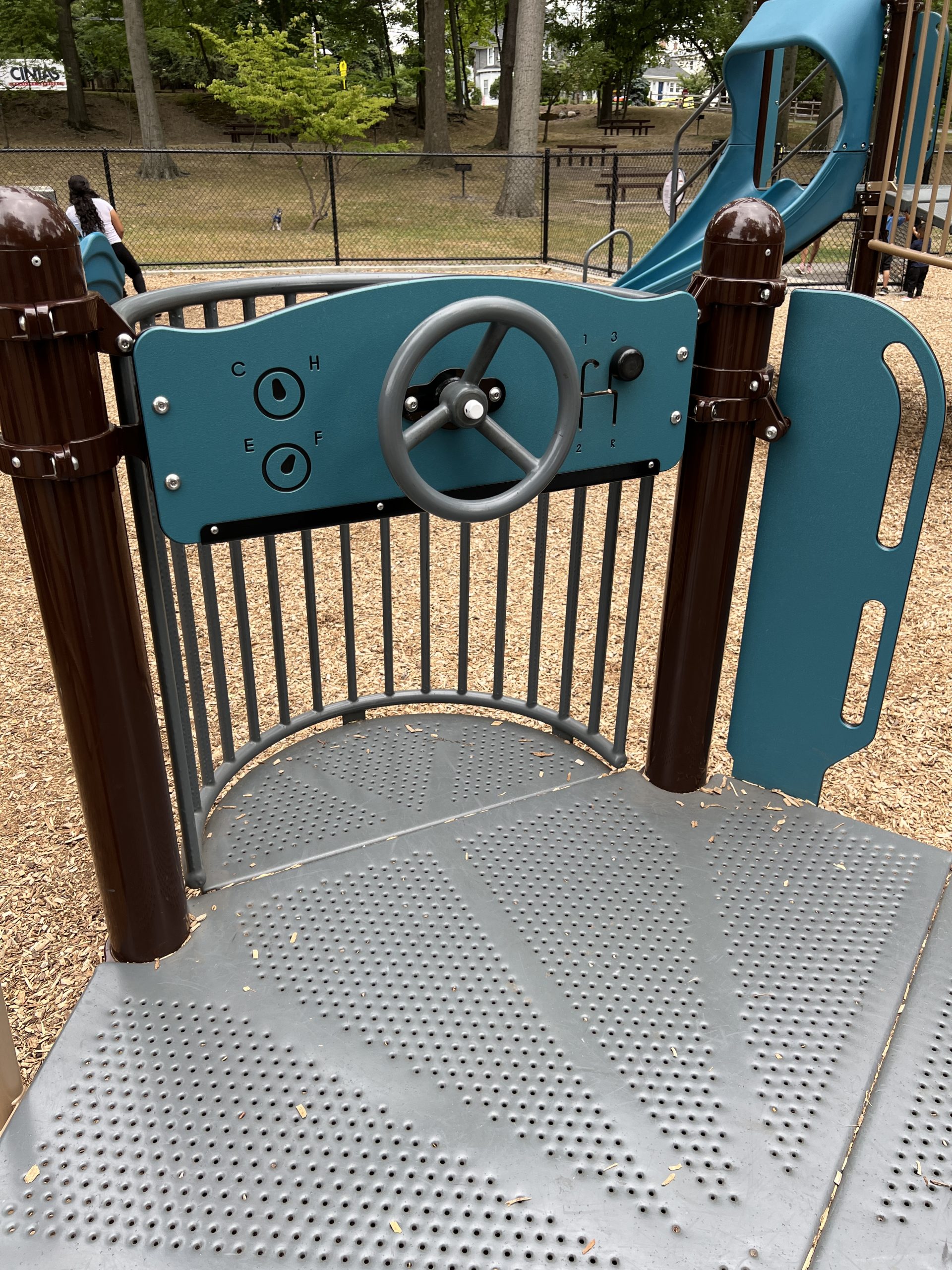 Goffle Brook Park Playground in Hawthorne NJ - Large playground feature - sensory play steering wheel