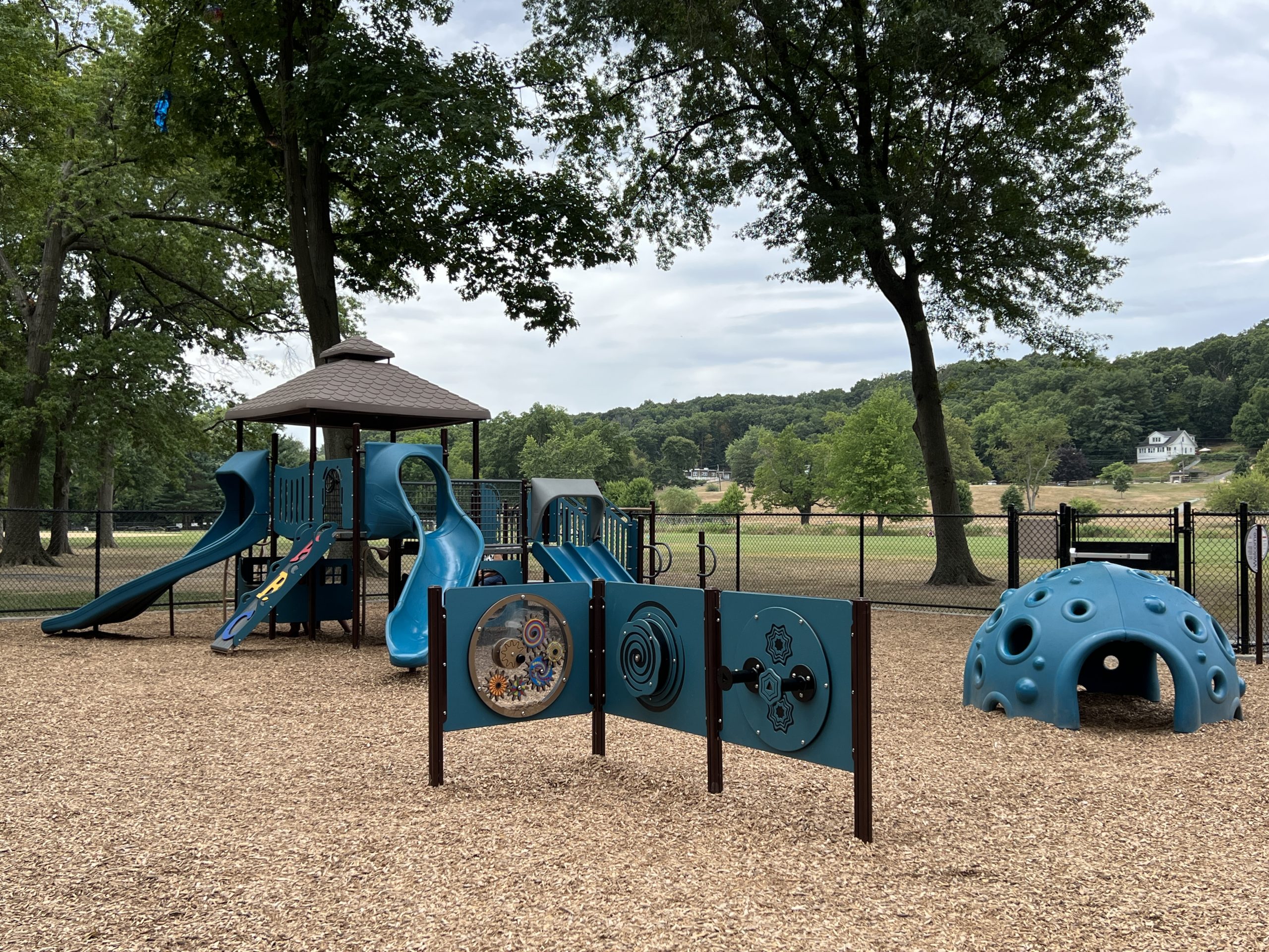 Goffle Brook Park Playground in Hawthorne NJ - WIDE image - small playground, sensory wall, and climbing dome